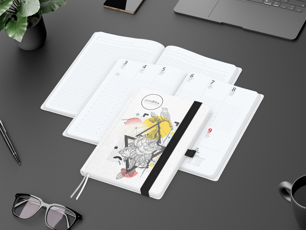 Wochenkalender vorne + Notizen hinten Match-Hybrid, A5, Naturpapier weiß, schwarz