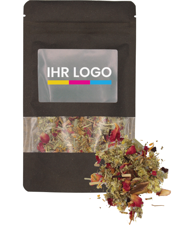 Kräuter Tee verpackt im Doypack Beutel groß Schwarz