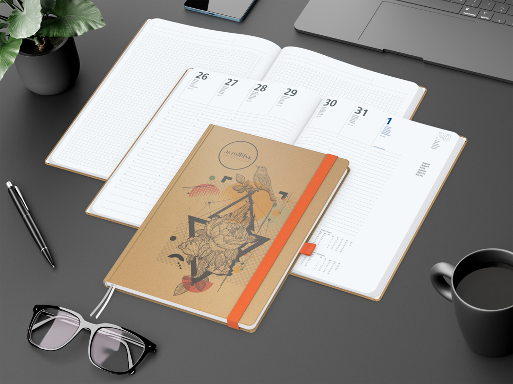 Wochenkalender vorne + Notizen hinten Match-Hybrid, A4, Naturpapier braun, orange