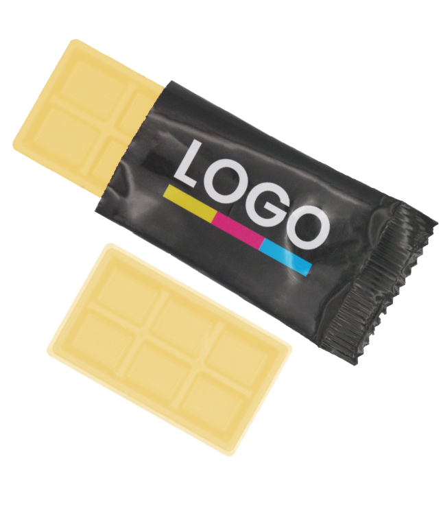 Weißes Schokoladentäfelchen in bedruckter Folie