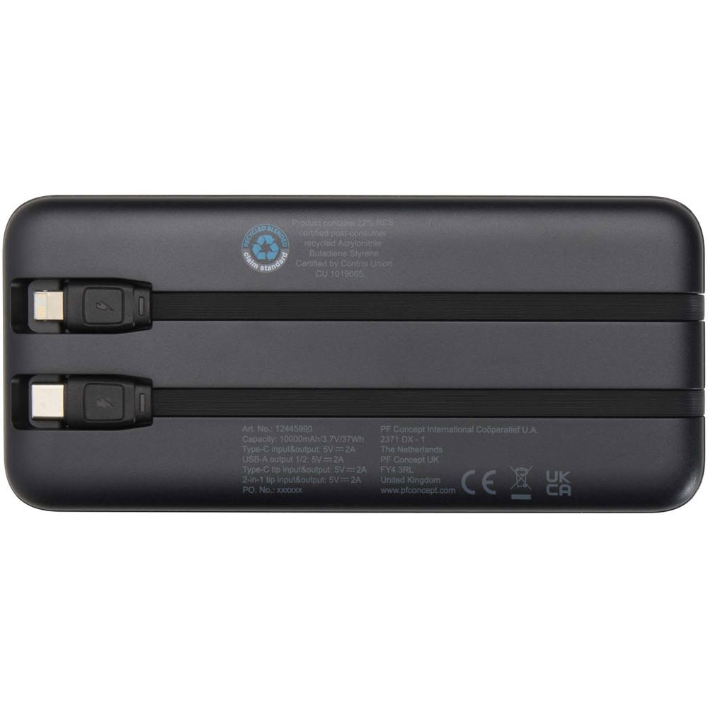 Adhil 10 W 10.000 mAh Powerbank aus recyceltem Kunststoff mit 2 integrierten Kabeln