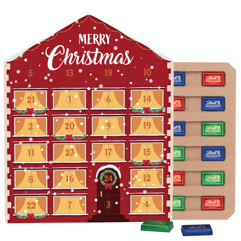 Täfelchen Adventskalender Haus ECO, Papierblister, Lindt Schokotäfelchen