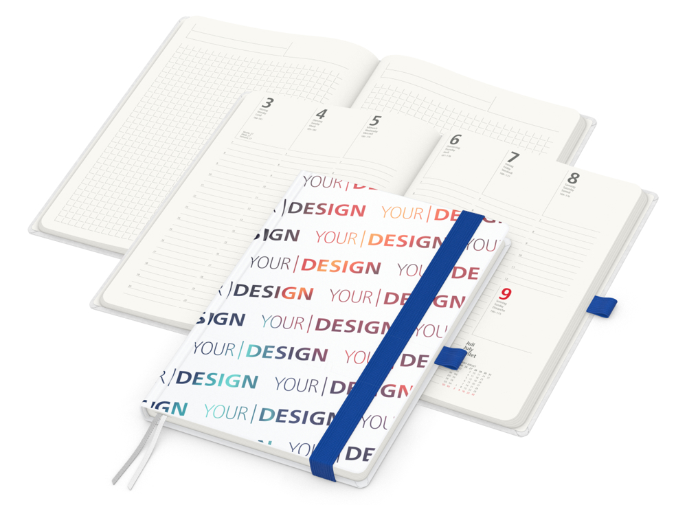 Wochenkalender vorne + Notizen hinten Match-Hybrid RECYCLING, Papier matt, mittelblau