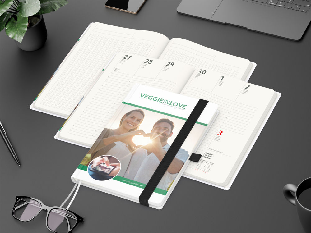 Wochenkalender vorne + Notizen hinten Match-Hybrid RECYCLING, Papier matt, schwarz