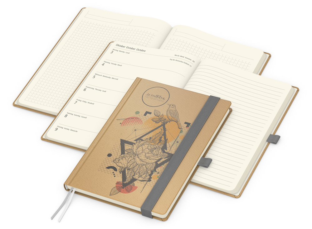 Wochenkalender links + Notizen rechts Match-Hybrid, Naturpapier braun, silbergrau