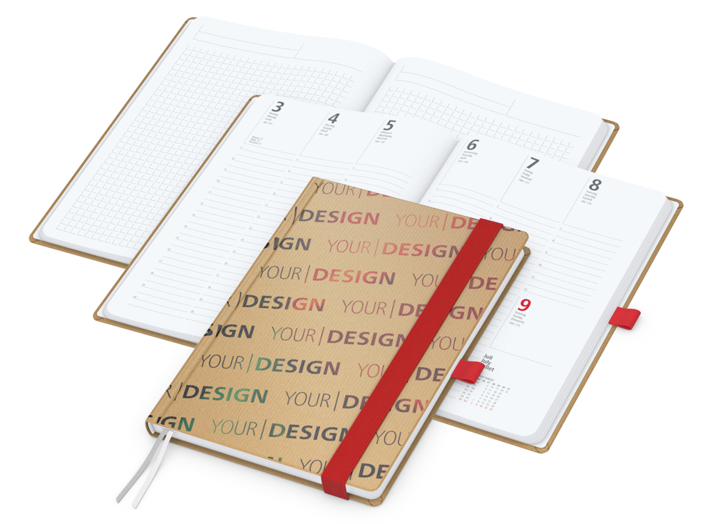 Wochenkalender vorne + Notizen hinten Match-Hybrid, A5, Naturpapier braun, rot