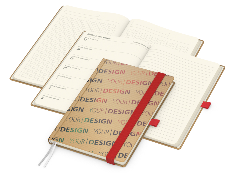 Wochenkalender links + Notizen rechts Match-Hybrid, Naturpapier braun, rot