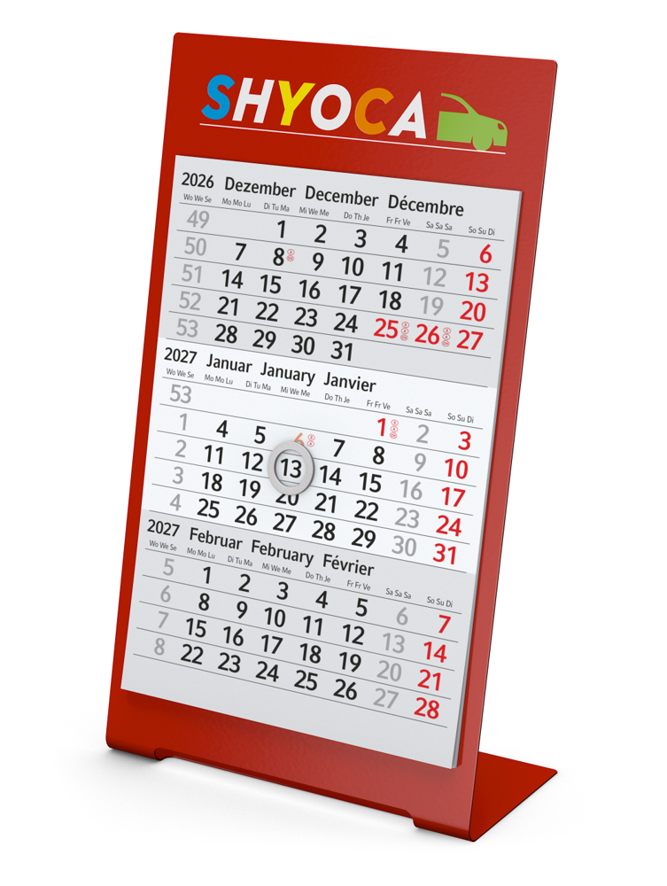 Tischkalender Desktop 3 Color Metallaufsteller farbbeschichtet - rot