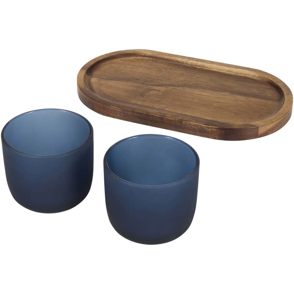 Male Set aus Holztablett und Glastassen