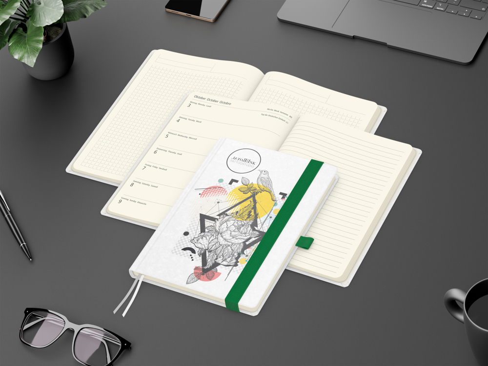 Wochenkalender links + Notizen rechts Match-Hybrid, Naturpapier weiß, grün