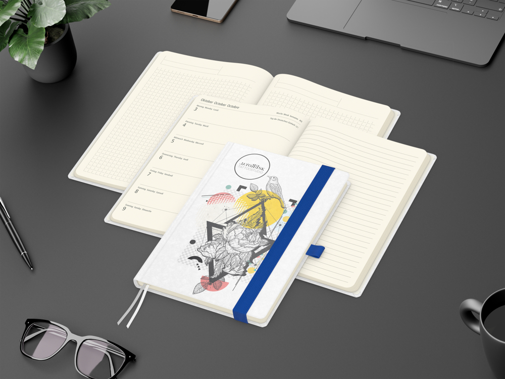 Wochenkalender links + Notizen rechts Match-Hybrid, Naturpapier weiß, mittelblau