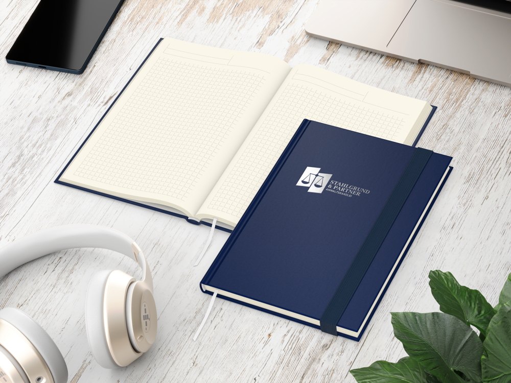 Notizbuch Visco-Book, Creme, Winkelkaro, dunkelblau, Silberprägung