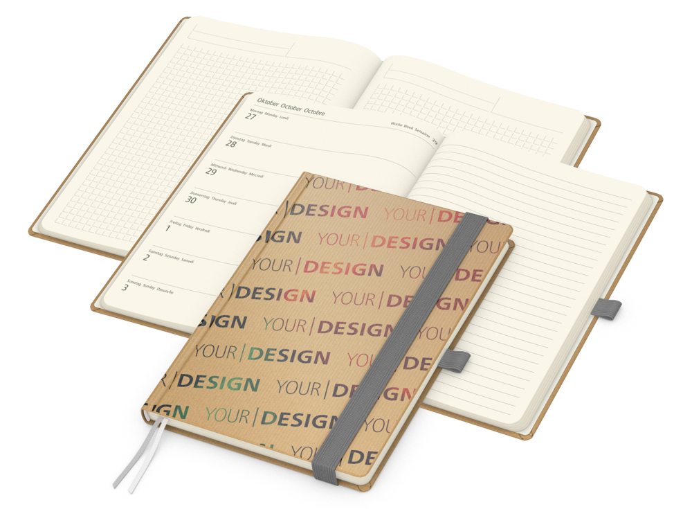Wochenkalender links + Notizen rechts Match-Hybrid, Naturpapier braun, silbergrau