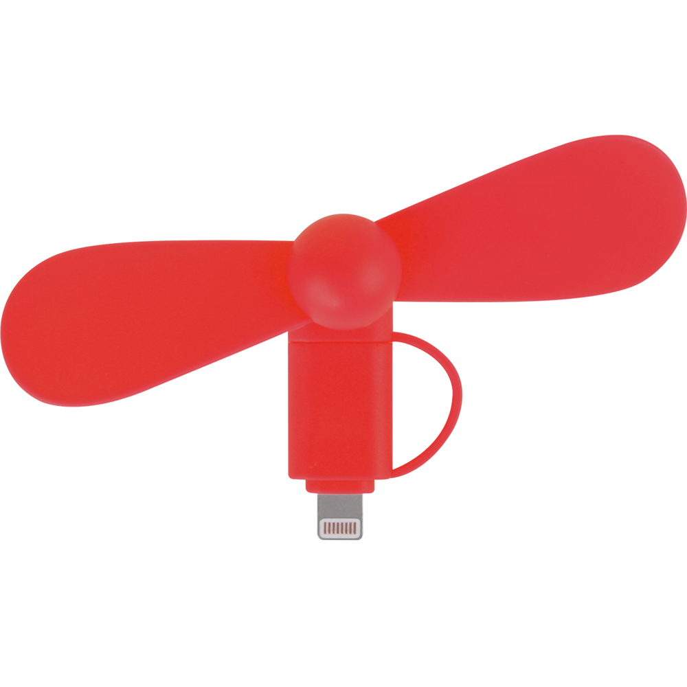 2 in 1 PROMO-Ventilator mit Lightning (Apple) und Type C USB  Anschluss - ca. Pantone 485 rot gedeckt