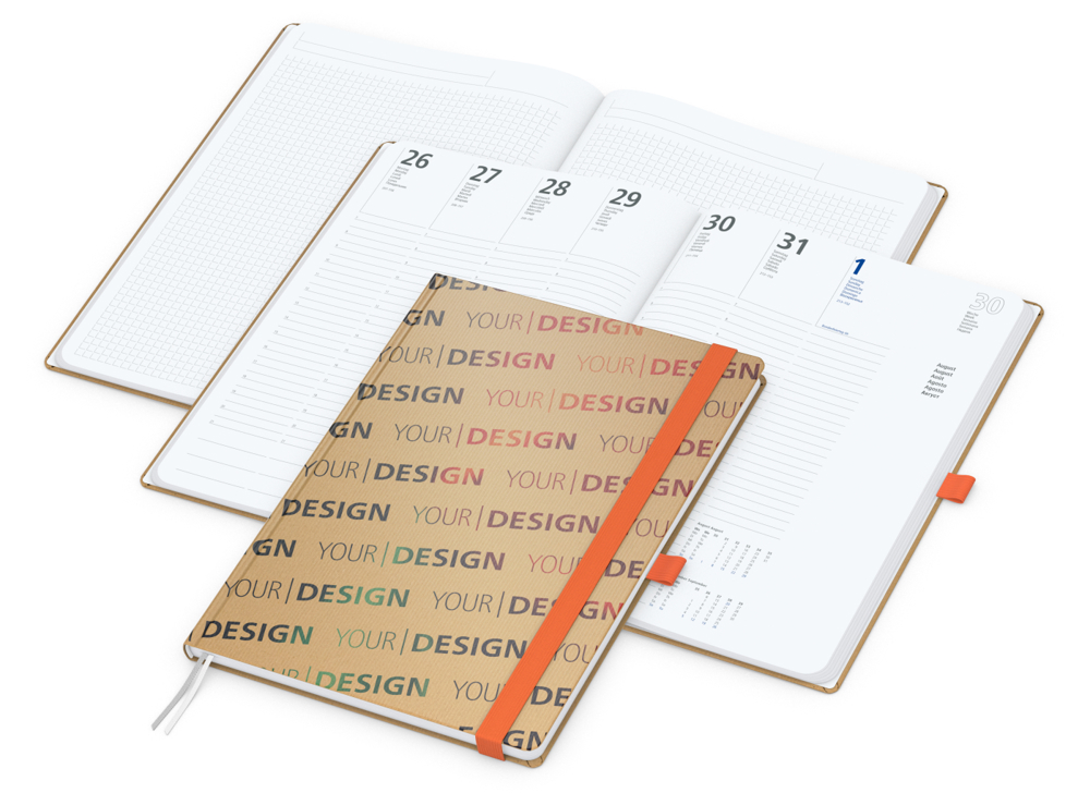Wochenkalender vorne + Notizen hinten Match-Hybrid, A4, Naturpapier braun, orange