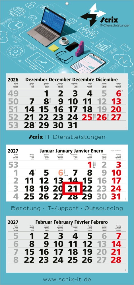 3-Monatskalender Mehrblock Maxi Light 3 mehrsprachig