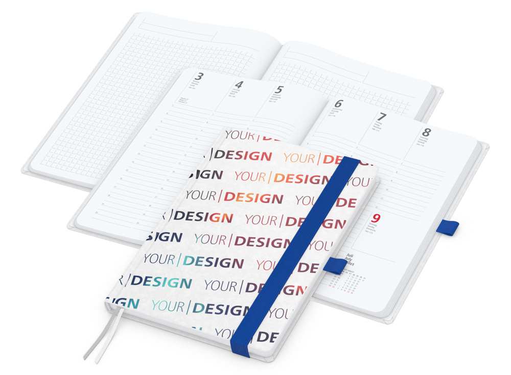 Wochenkalender vorne + Notizen hinten Match-Hybrid, A5, Naturpapier weiß, mittelblau